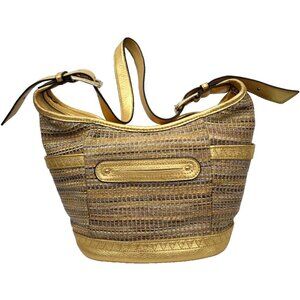 Vintage B Makowsky Metallic Gold Hobo Shoulder Bag Pebble Leather Woven Tote Y2K